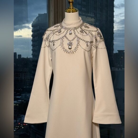🆕 SIMKHAI 🧿 NWOT Odetta Crystal Embellished Cream Long Sleeve Midi Dress, Sz 8 - Picture 3 of 16